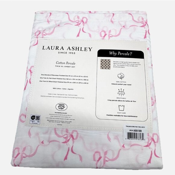 NEW 3pc Laura Ashley TWIN XL Sheet Set Pink TRAILING BOWS Coquette Ribbon DORM - Picture 2 of 4